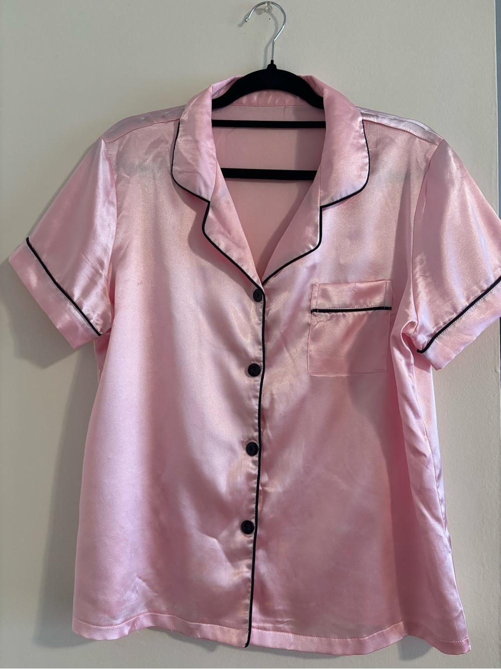 Pink Satin Short-Sleeve Pajama Top with Black Trim